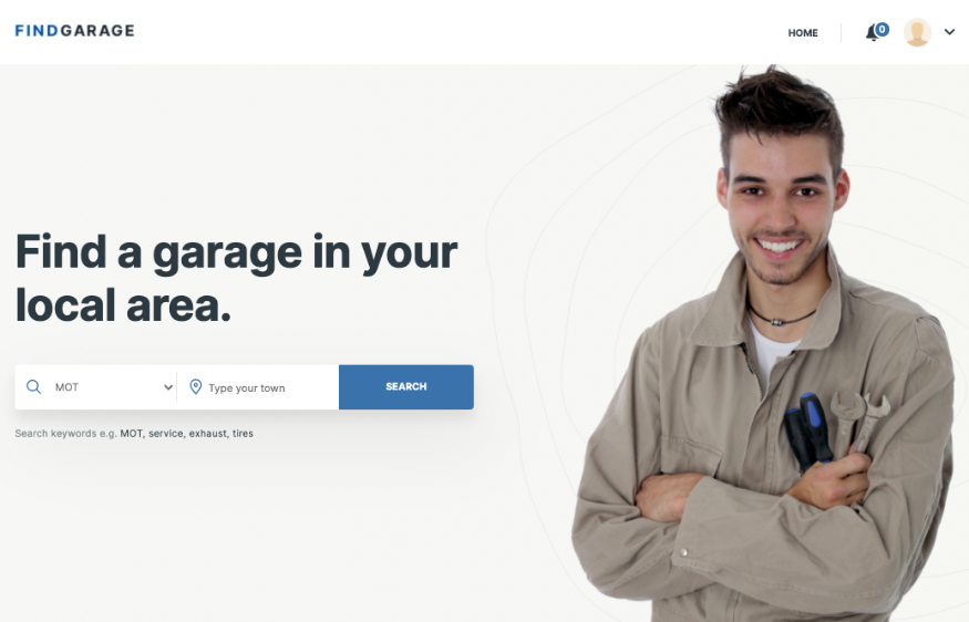 Homepage of Find Garage website