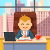 Pensja dyrektora firmy w UK Big boss CEO sitting at the desk with laptop and coffee cup in big directors chair writing in notebook. Flat style cartoon vector illustration isolated on white background.