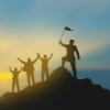Nawyk wygrywania Group of people on mountains top in winner pose. Teamwork Concept