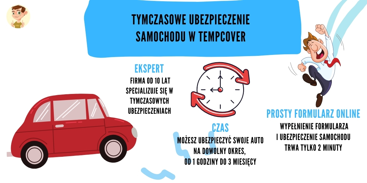 Tymczasowe ubezpieczenie samochodu w UK z Tempcover grafika przedstawiająca zalety ubezpieczenia auta w tempcover